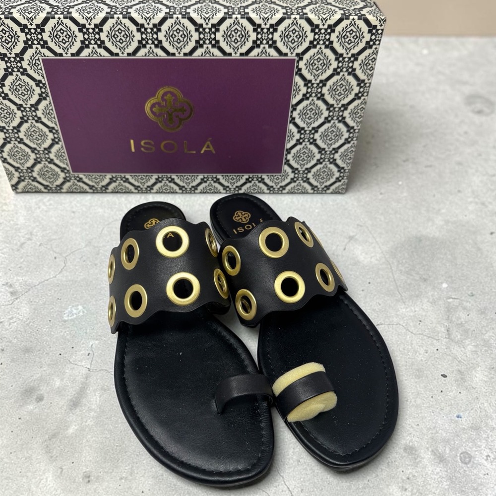 Isola Milo Black‎ Leather Toe-Loop Sandals Gold Grommet Eyelet Slides Size 7